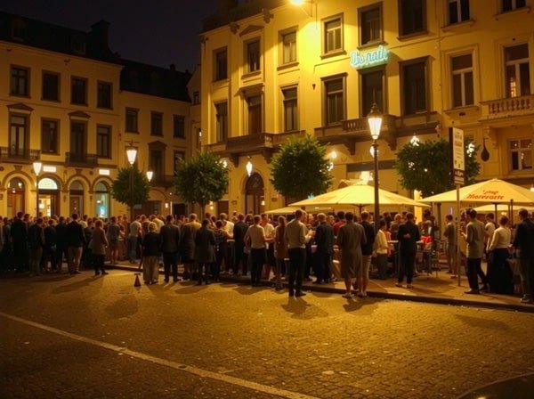 Place du Luxembourg Brussels on a Friday evening — terrace heaters, the square emptying from the parliament end, filling at the bars